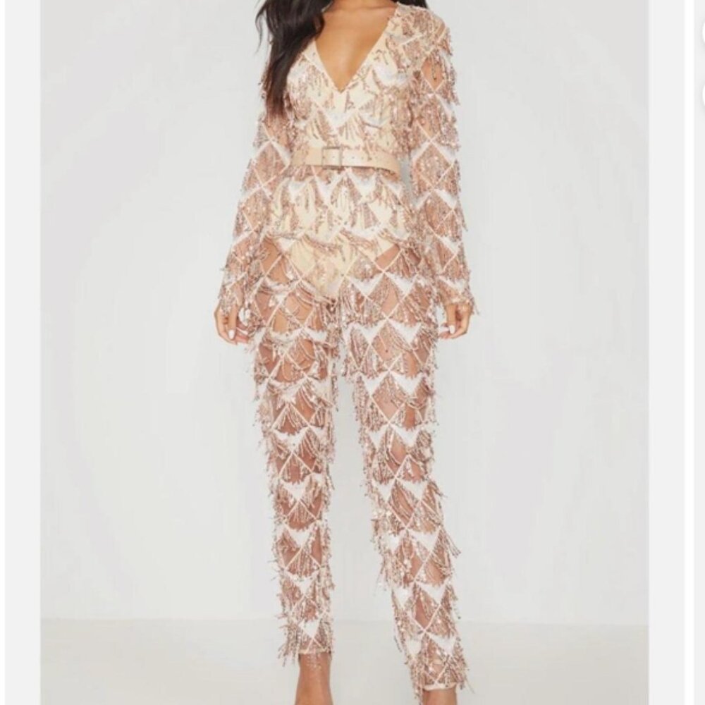 PrettyLittleThing Tassel Sequin Plunge Jumpsuit - Size XS/0